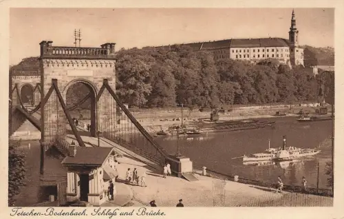 AK Tetschen-Bodenbach Schloss Brücke Dampfschiff Böhmen 1943 gelaufen Postkarte