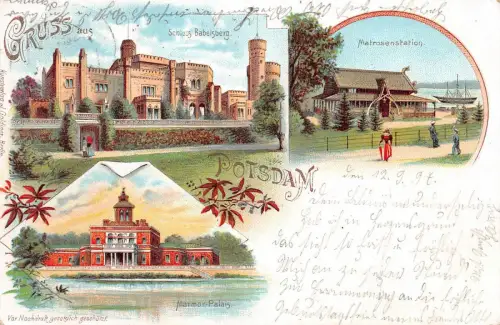 Gruss aus Potsdam Schloss Babelsberg Marmor-Palais Matrosenstation Litho AK 1897