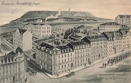 AK Annaberg Burkhardt's Restaurant Hopsitalstrasse Sachsen Erzgeb. 1915 gelaufen