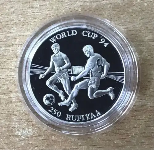 Malediven 250 Rufiyaa 1993 Zweikampf Fußball PP Silbermünze Zertifikat