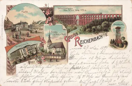 AK Reichenbach Göltzschthalbrücke Schule Sachsen Vogtland 1899 Postkarte Litho
