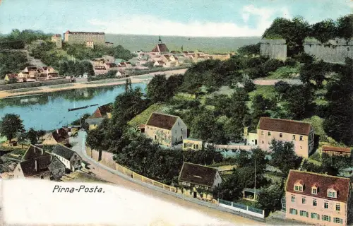 AK Pirna-Posta Stadtansicht Schloss Sachsen 1909 gelaufen Postkarte