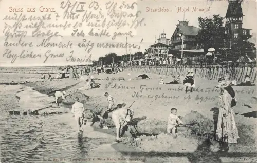 AK Cranz Hotel Monopol Strandleben Strand Ostpreussen 1903 gelaufen Postkarte