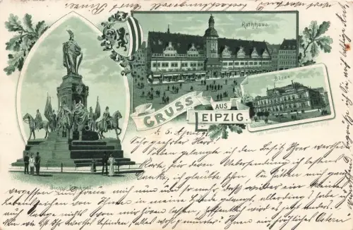 AK Leipzig Rathaus Börse Sieges Denkmal Sachsen 1889 gelaufen Postkarte