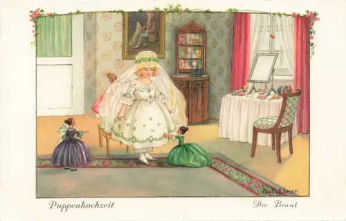 Puppenhochzeit Die Braut Paul Ebner ungelaufen Künstler Postkarte