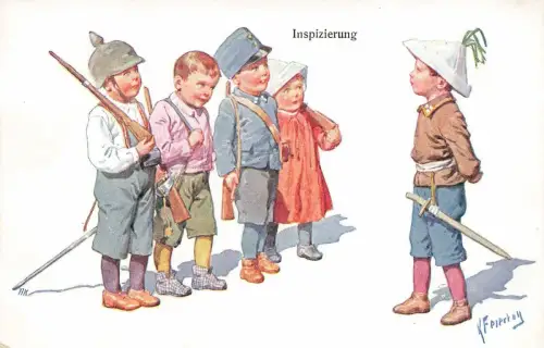 Kleine Soldaten Inspizierung Holzgewehr Schwert Künstlerkarte K. Feiertag Nr 5