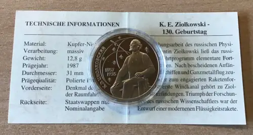 Russland 1 Rubel 1987 Geburtstag von Ziolkowski PP mit Zertifikat
