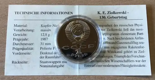 Russland 1 Rubel 1987 Geburtstag von Ziolkowski PP mit Zertifikat