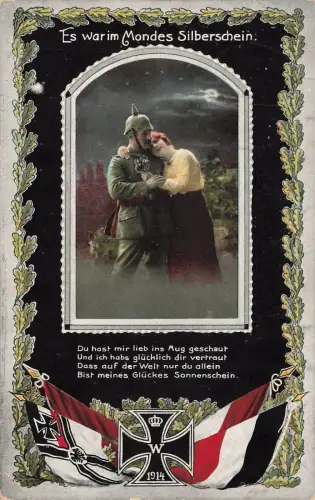 AK 1.WK Es war im Mondes Silberschein Frau Soldat EK2 1915 Patriotika Postkarte