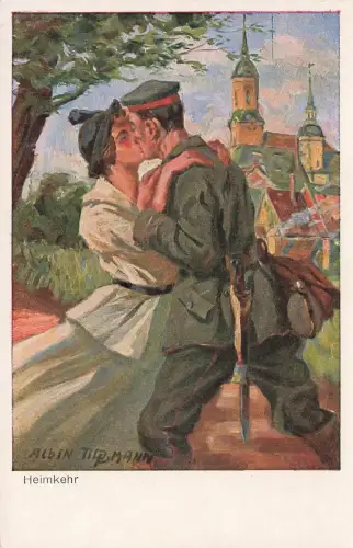 AK 1.WK Heimkehr Soldat Frau ungelaufen Patriotika Postkarte