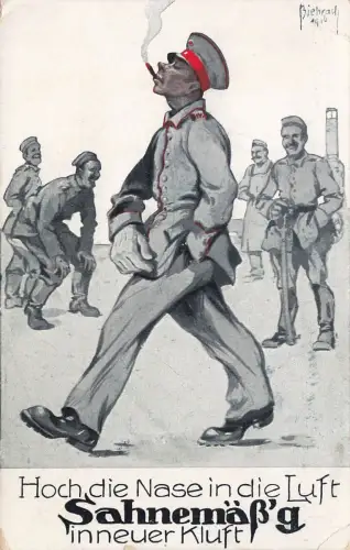 AK 1.WK Soldat Sahnemäßig in neuer Kluft 1917 gelaufen Patriotika Postkarte