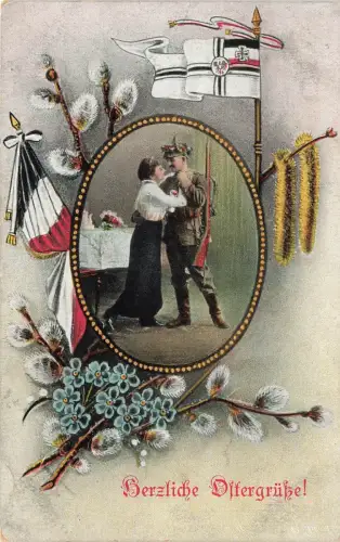 AK 1.WK Herzliche Ostergrüße Soldat Frau Reichsfahne 1916 ungelaufen Patriotika