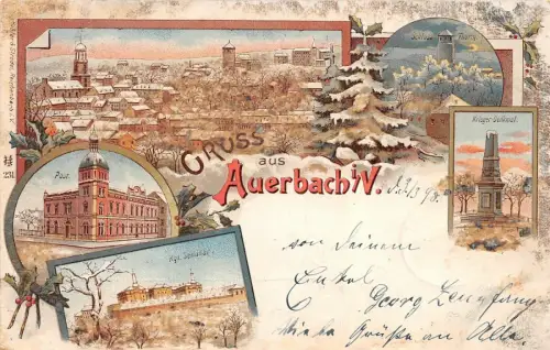 Gruss aus Auerbach i/V. Kgl. Seminar Post Schlossthurm Winter Litho AK 1898