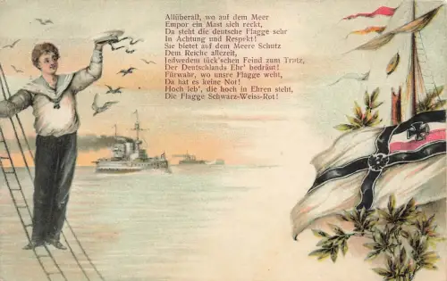 AK Marine Matrose Schiffe Reichsfahne Spruchkarte 1908 gelaufen Patriotika