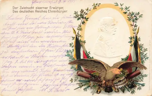 AK 1.WK Bismarck Portrait Spruchkarte 1915 gelaufen Patriotika Postkarte Geprägt
