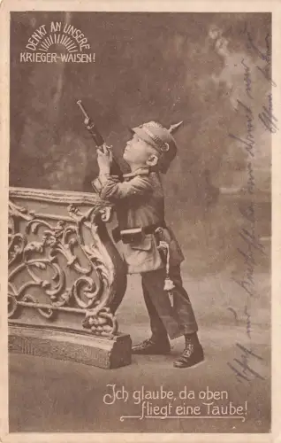 AK 1.WK Krieger-Waisen Kleiner Soldat Spruchkarte 1918 gelaufen Patriotika