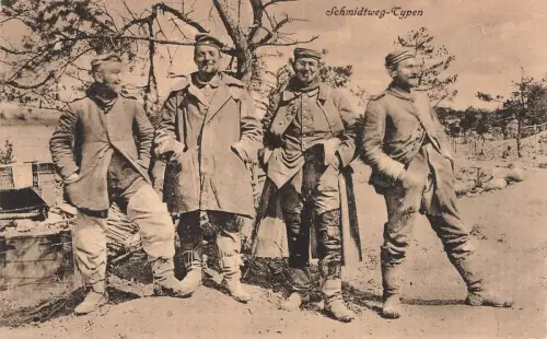 AK 1.WK Schmidtweg-Typen Soldaten 1915 gelaufen Patriotika Postkarte