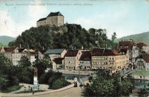 AK Greiz Heinrichsbrücke Kaiser Wilhelm Denkmal Schloss Thüringen 1912 gelaufen