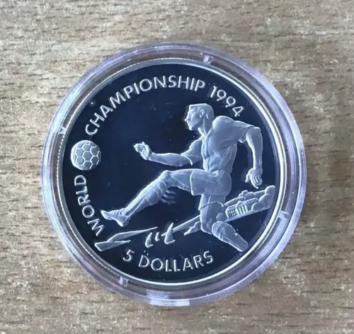Bahamas 5 Dollars 1993 Drehschuss Fußball PP Silbermünze Zertifikat