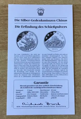 China 5 Yuan 1995 KANONE Silber PP mit Zertifikat