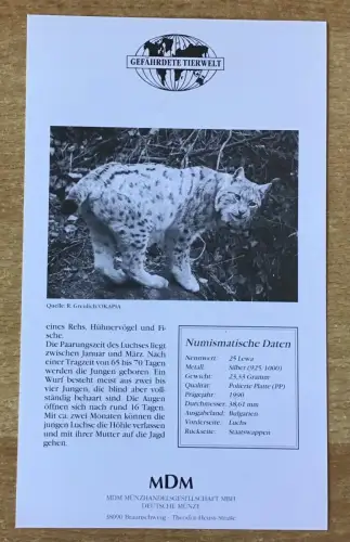 Bulgarien 25 Lewa 1990 Luchs Silber PP mit Zertifikat