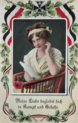 AK 1.WK Meine liebe begleitet dich Frau Portrait EK2 1916 gelaufen Patriotika