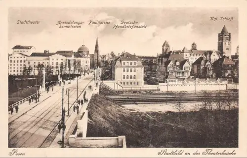 Posen Stadtbild an der Theaterbrücke Kgl. Schloß Paulikirche Postkarte AK