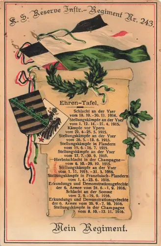 AK 1.WK K. S. Reserve Infanterie-Regiment Nr. 243 Ehrentafel 1918 Patriotika