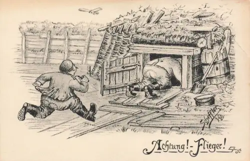 AK 1.WK Achtung! Flieger! Soldaten Unterstand 1916 ungelaufen Patriotika