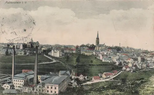 AK Falkenstein Stadtansicht Kirche Sachsen Vogtland 1907 gelaufen Postkarte