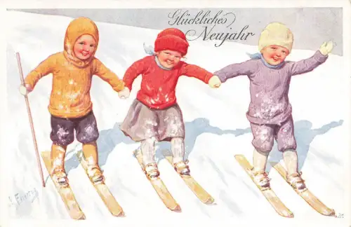 AK Neujahr Kinder Schnee Ski Künstlerkarte K. Feiertag Nr 3