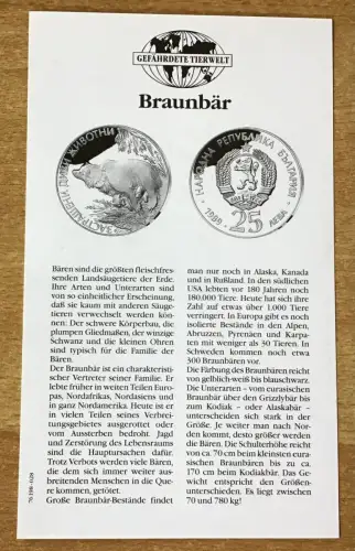 Bulgarien 25 Lewa 1989 Braunbär Silber PP mit Zertifikat