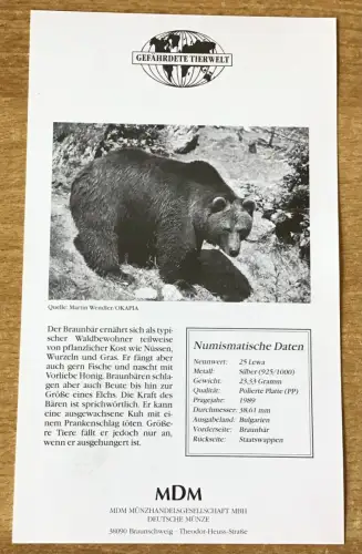 Bulgarien 25 Lewa 1989 Braunbär Silber PP mit Zertifikat
