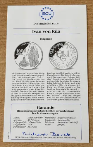 1000 Leva 1996 Bulgarien Ivan von Rila PP Silber mit Zertifikat