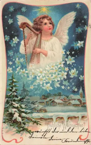 AK Fröhliche Weihnachten Engel mit Harfe 1902