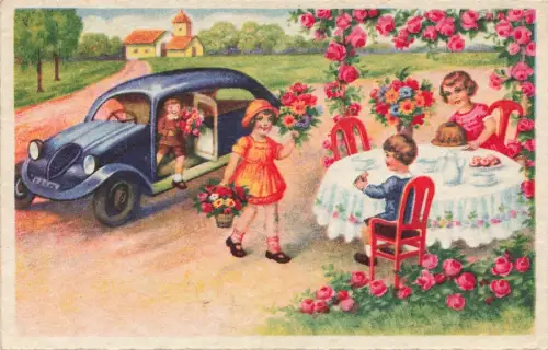 AK Geburtstagskarte Familie Oldtimer Kaffeetafel Rosen 1953 gelaufen Postkarte