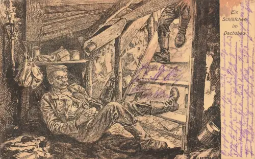 AK 1.WK Schläfchen im Dachsbau Soldat Kurzweg 1915 gelaufen Patriotika Postkarte