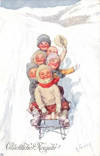 AK Neujahr Kinder Schlitten Schnee Künstlerkarte K. Feiertag Nr 2900-6
