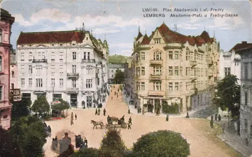 AK Lemberg Lwiw Akademieplatz Fredrygasse Ukraine 1916 gelaufen Postkarte
