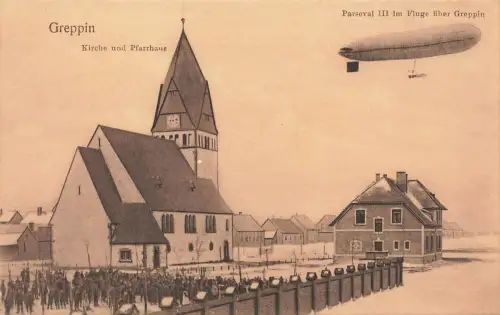 AK Greppin Kirche Pfarrhaus Luftschiff Parseval III Sachsen-Anhalt Postkarte