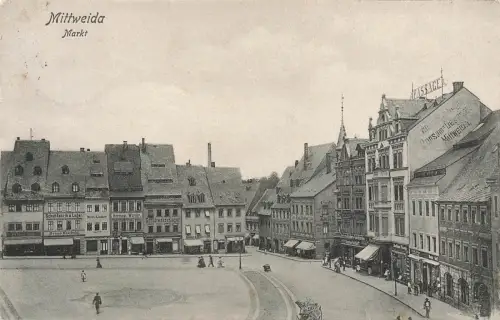 AK Mittweida Markt Konsum Schuhfabrik Passage Sachsen 1915 gelaufen Postkarte