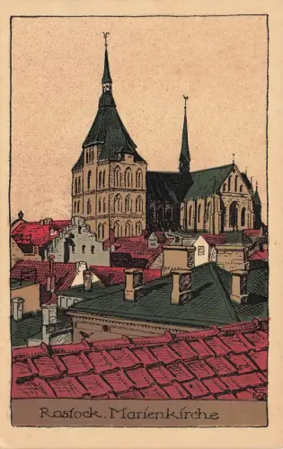 AK Rostock Marienkirche Mecklenburg-Vorpommern ungelaufen Postkarte Steindruck