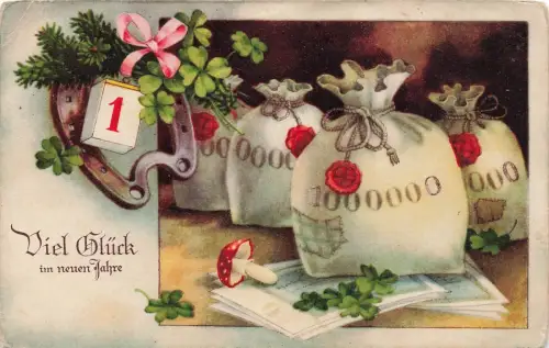AK Viel Glück im neuen Jahre Kleeblatt Hufeisen Pilz gelaufen Postkarte