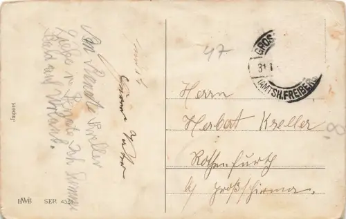 AK Viel Glück im neuen Jahre Kleeblatt Hufeisen Pilz gelaufen Postkarte