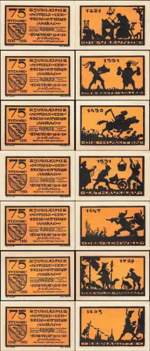 7 x 75 Pfennig Notgeld ANSBACH Stadt dünnes Papier KN blaugrün