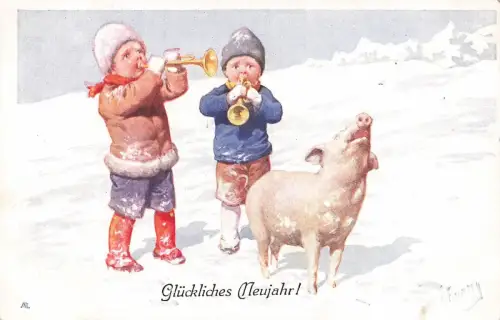 AK Neujahr Trompete Kinder Schnee Schwein Künstlerkarte K. Feiertag Nr 2990-1
