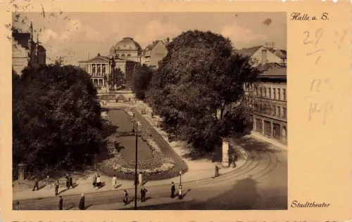 AK Halle Saale Stadttheater Menschen Sachsen-Anhalt 1937 gelaufen Postkarte