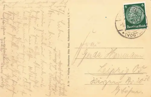 AK Falkenstein Stadtansicht Kirche Sachsen Vogtland 1933 gelaufen Postkarte