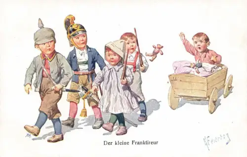 AK Kleine Soldaten kleine Franktireur Puppenwagen Künstlerkarte K. Feiertag Nr 8
