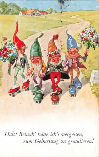 AK Zwerge mit Rollschuhe zum Geburtstag 1930
